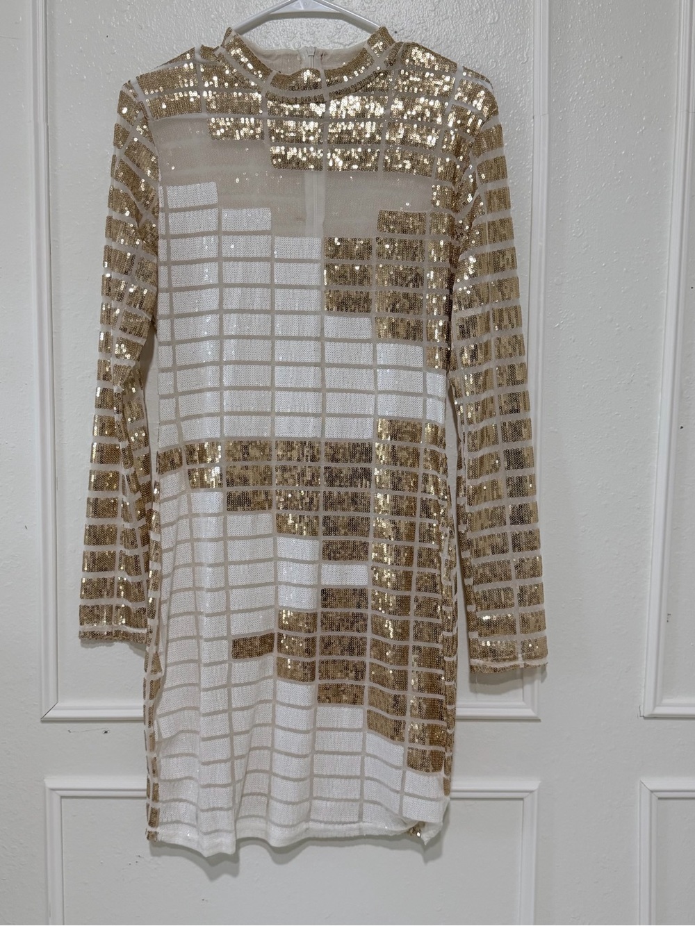 Gold Sequin Grid Shift Dress